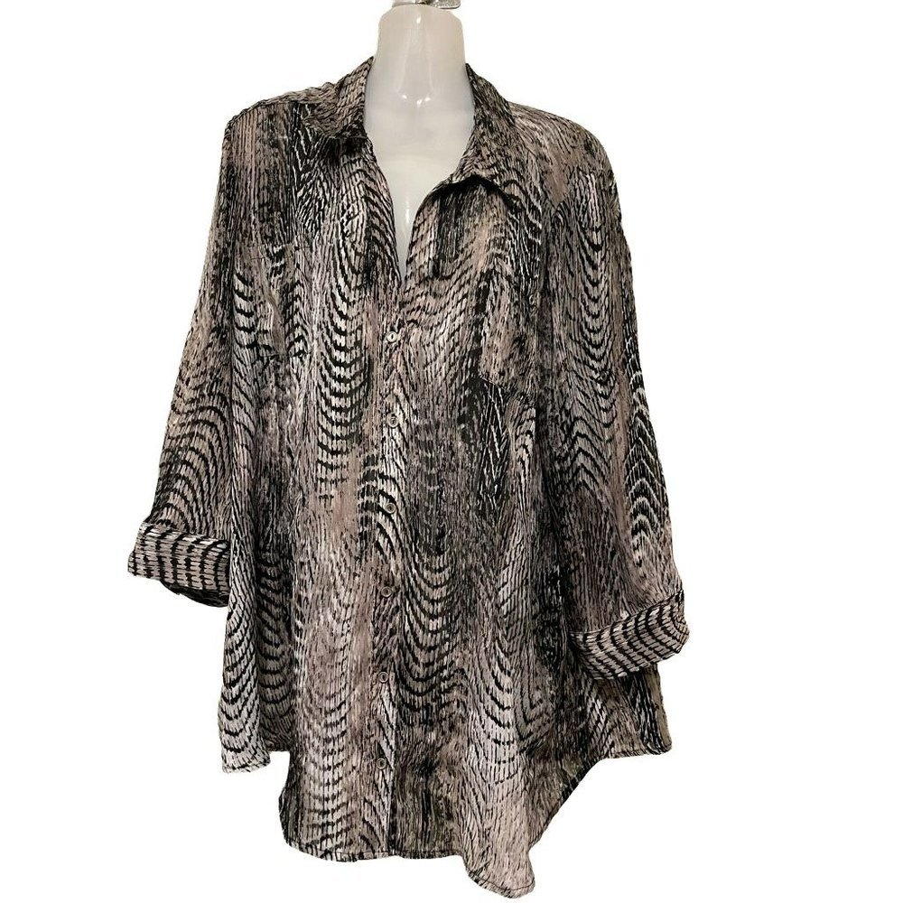 Roz & Ali Womens Button Front Shirt Multicolor Snake Print 3/4 Sleeve Plus 1X